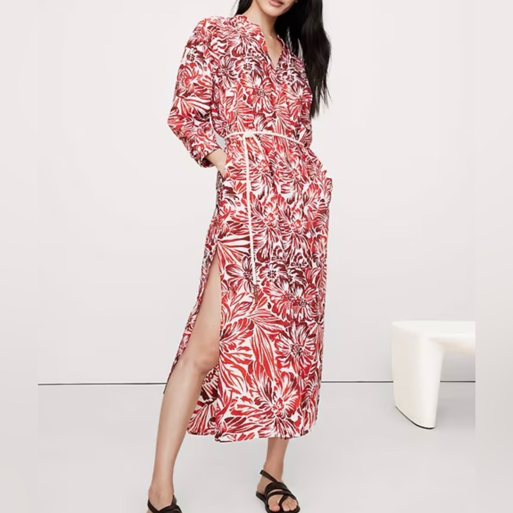 Banana Republic NEW Cotton Poplin Split-Neck Shirt Dress S Small Red Iris Floral